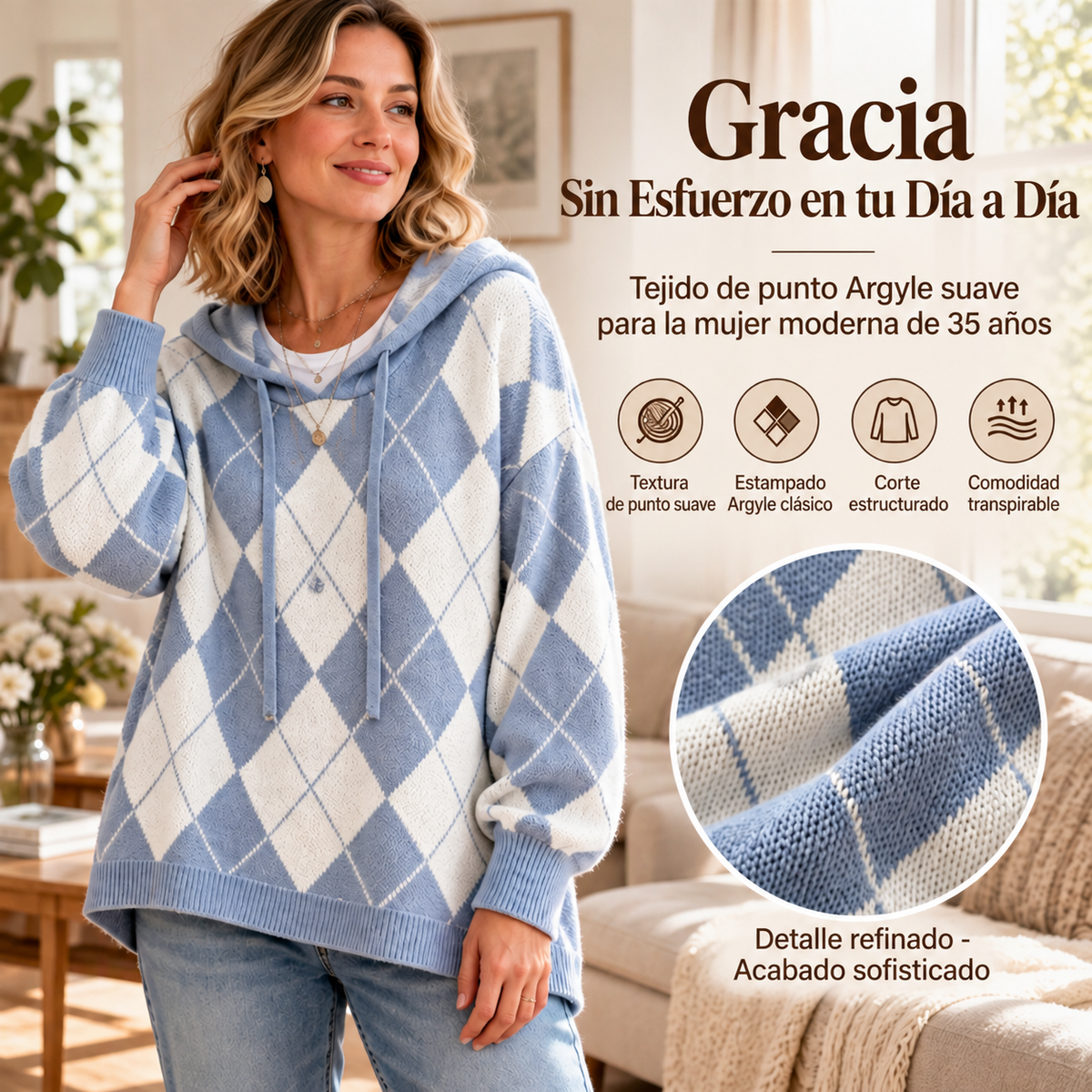 Yolanda – Jersey con capucha y estampado Argyle