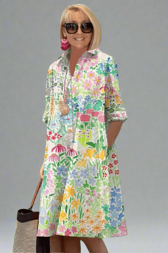 Vestido camisero midi estampado - Flores multicolor
