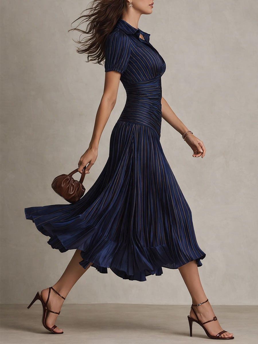 Adriana - Vestido midi satinado de rayas retro