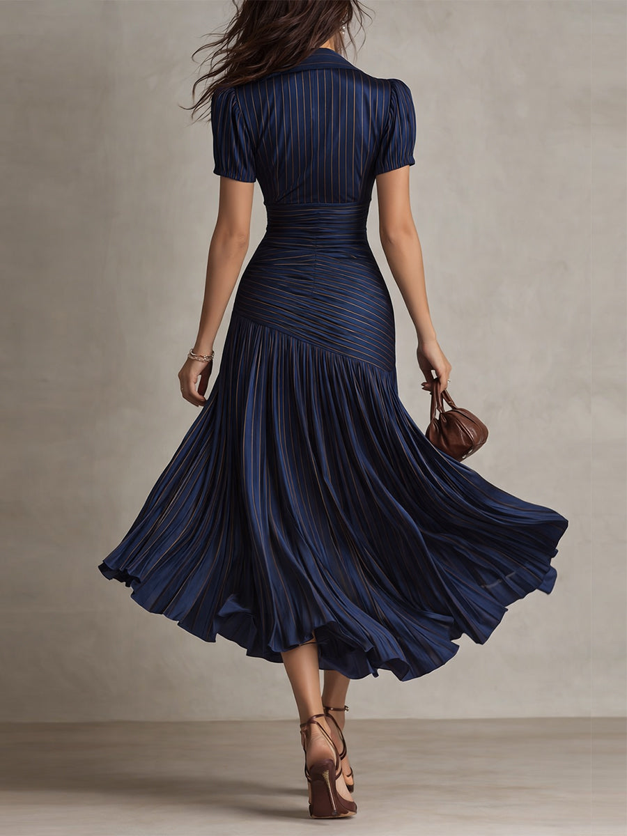 Adriana - Vestido midi satinado de rayas retro