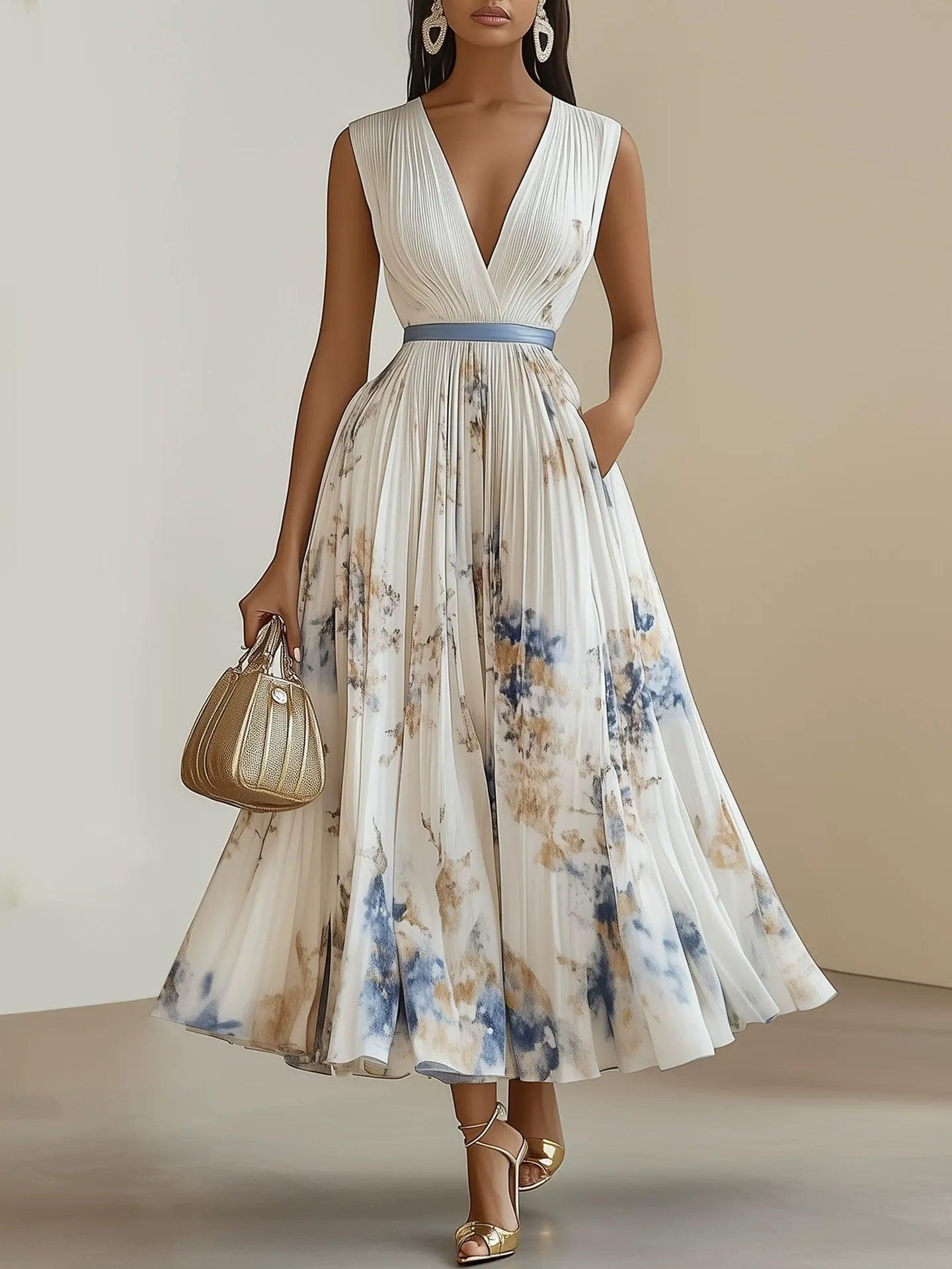 Chloe - Vestido midi plisado de gasa blanca floral con escote en V