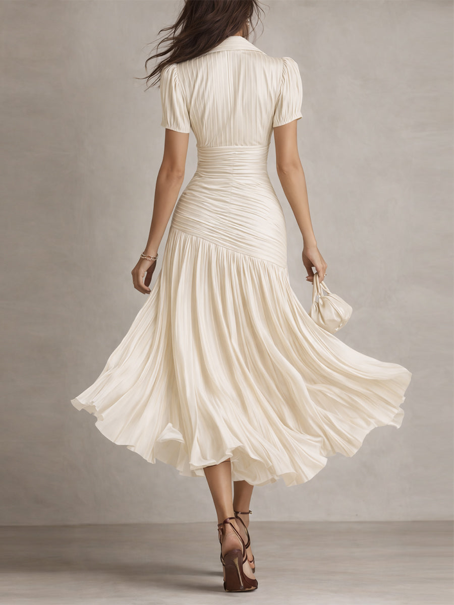Adriana - Vestido midi satinado de rayas retro