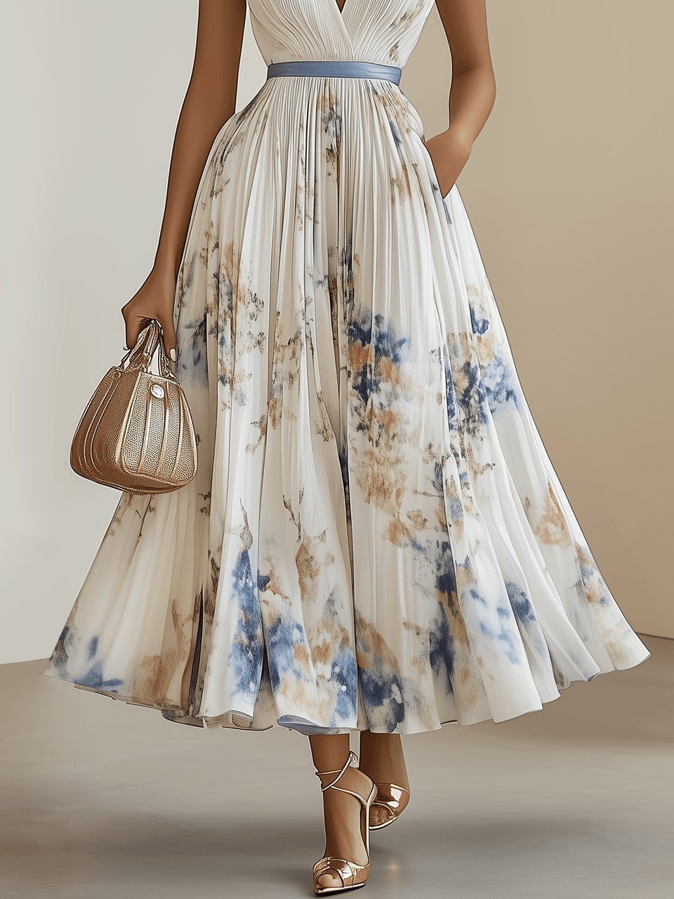 Chloe - Vestido midi plisado de gasa blanca floral con escote en V