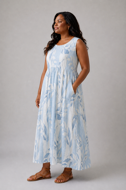 Solene - Vestido midi sin mangas con estampado de hojas azules