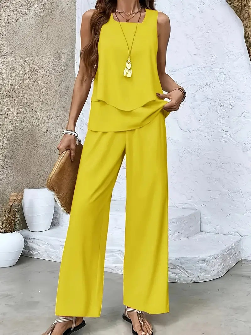 Conjunto top fluido y pantalón estampado - Amarillo