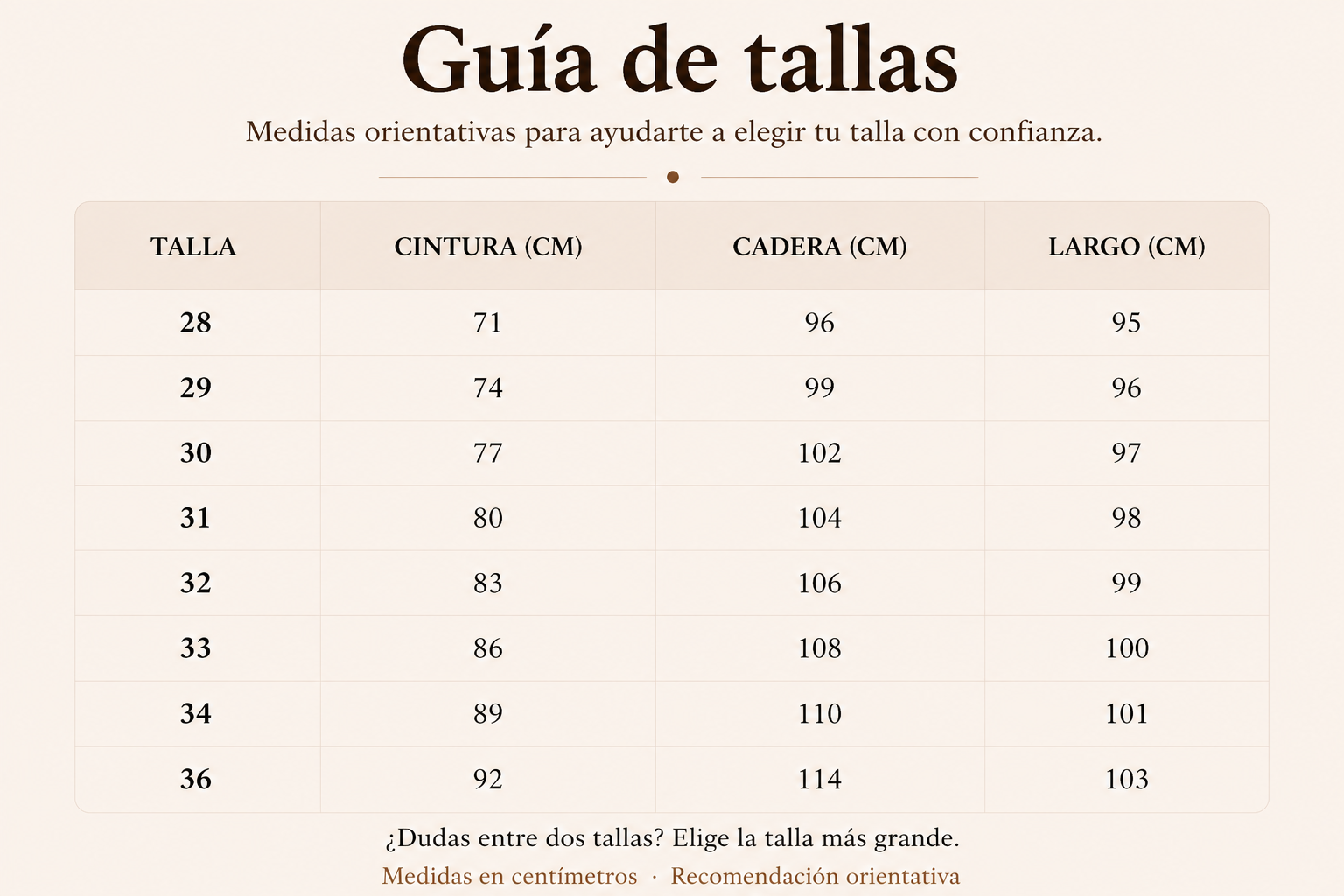 Guía de tallas - Pantalon