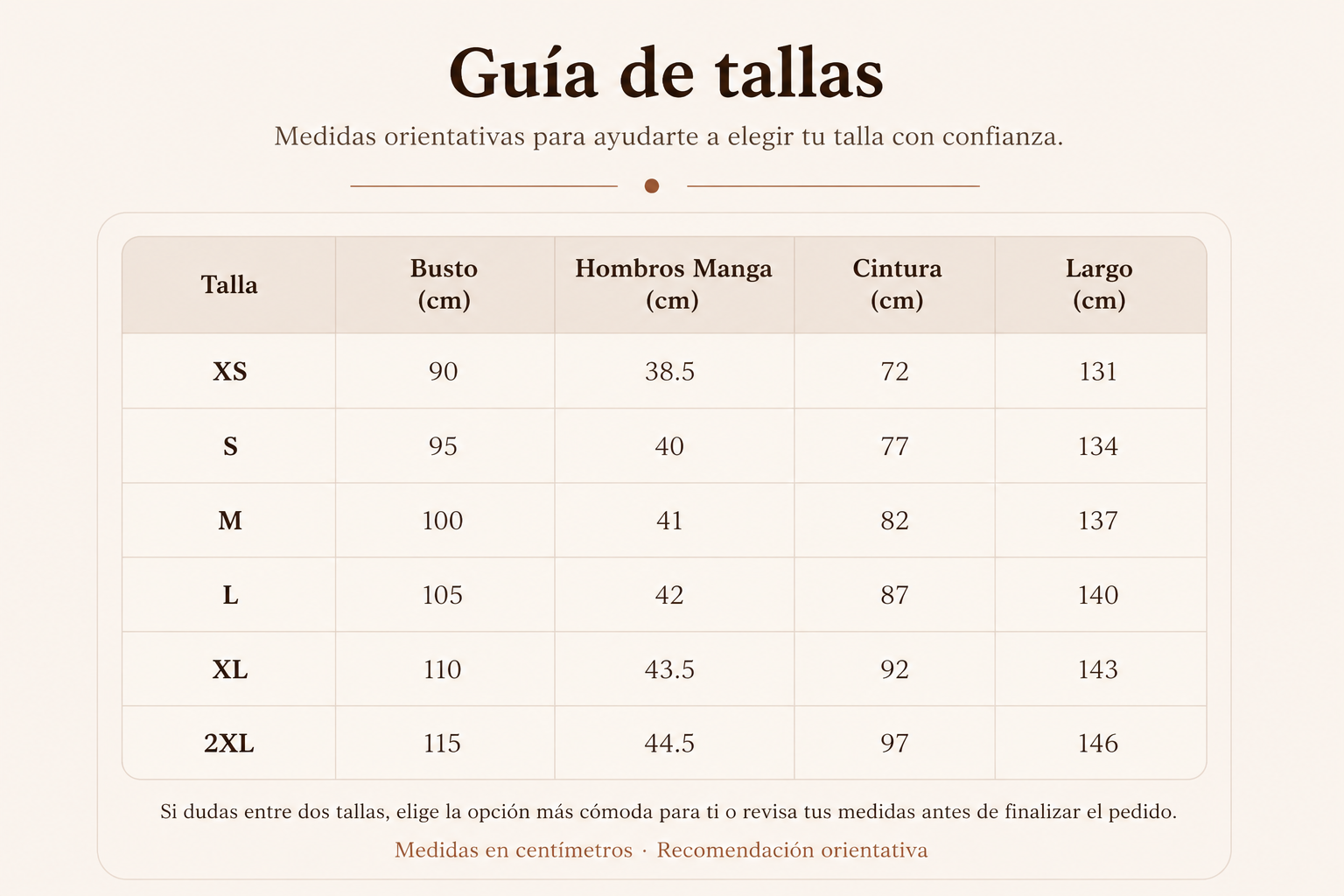 Guía de tallas - Vestido