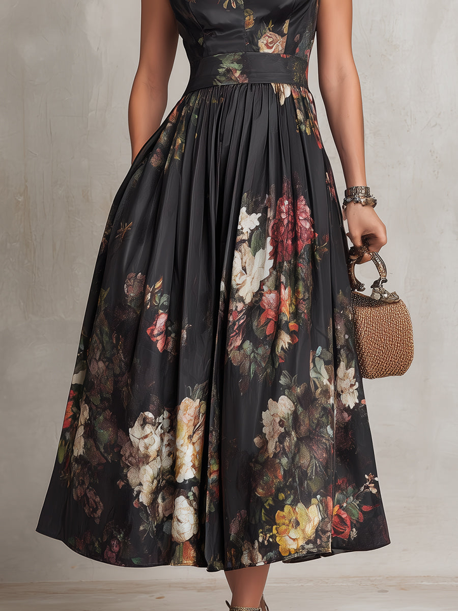 Violetta - Vestido midi negro de satén plisado con estampado floral y escote lágrima