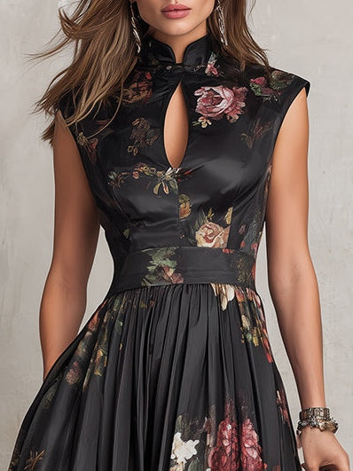 Violetta - Vestido midi negro de satén plisado con estampado floral y escote lágrima