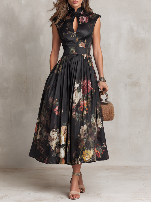 Patricia - Vestido midi plisado de satén negro con estampado floral
