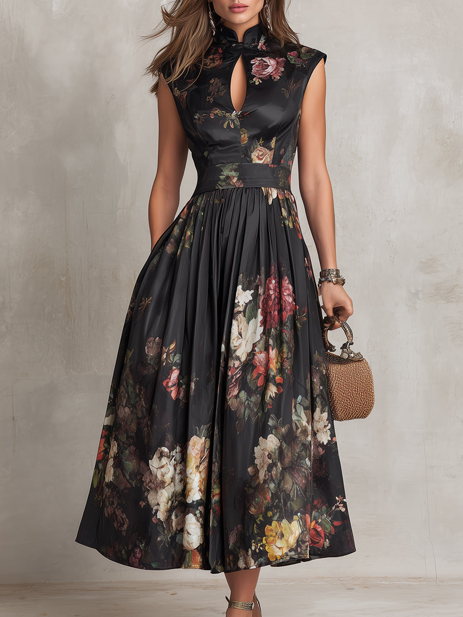 Patricia - Vestido midi plisado de satén negro con estampado floral