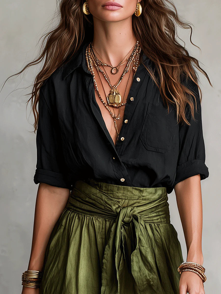 Vera - Conjunto de top negro y falda midi verde oliva