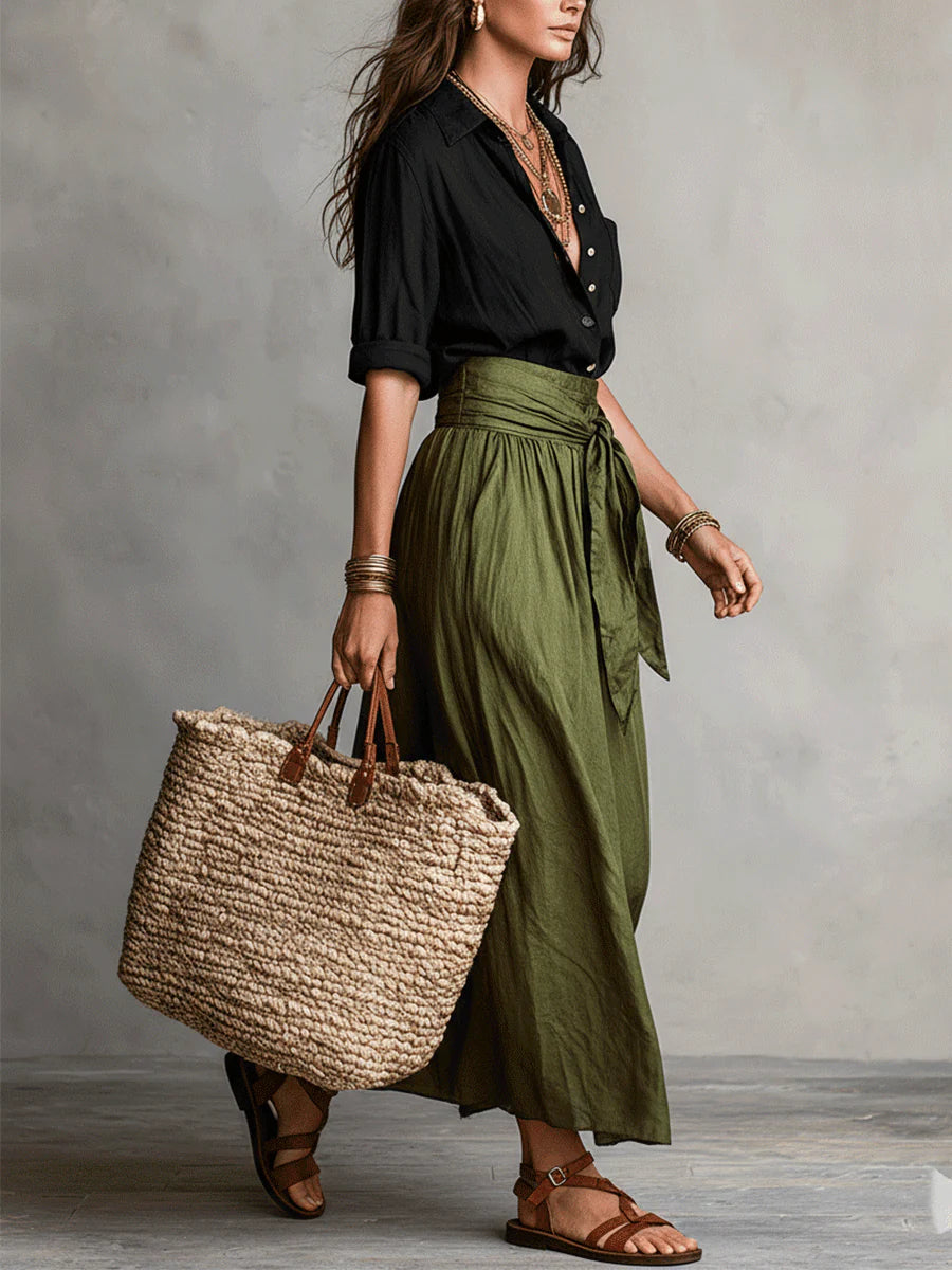 Vera - Conjunto de camiseta negra y falda midi verde oliva