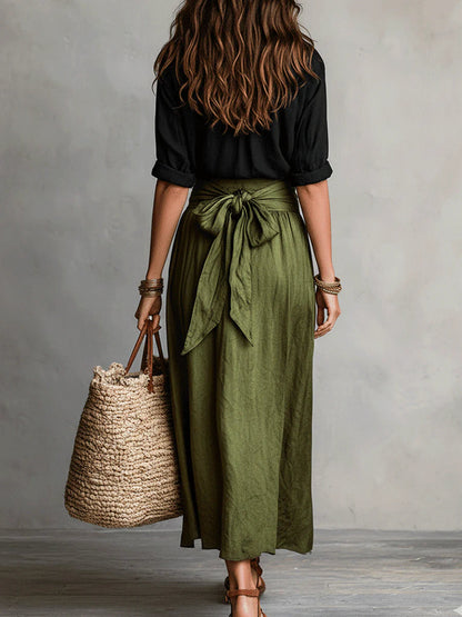 Vera - Conjunto de top negro y falda midi verde oliva