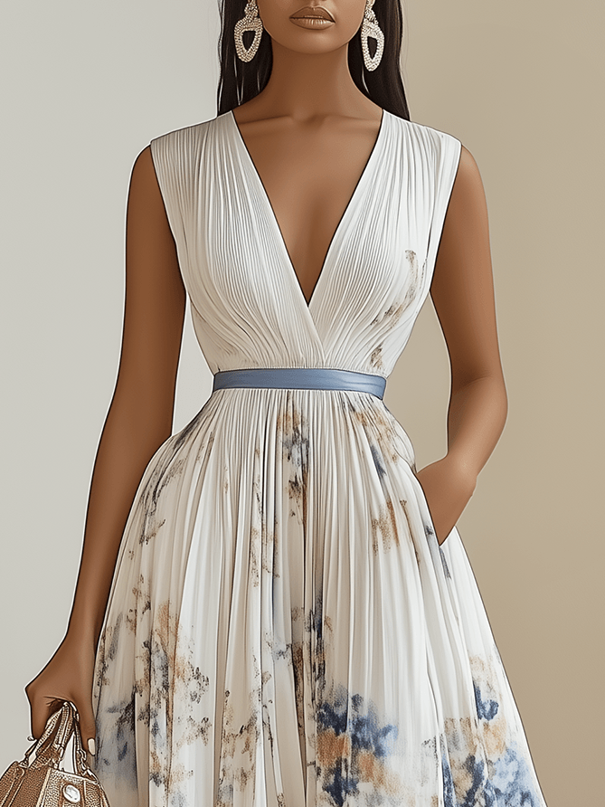 Chloe - Vestido midi plisado de gasa blanca floral con escote en V