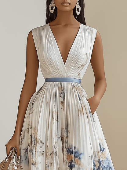Chloe - Vestido midi plisado de gasa blanca floral con escote en V