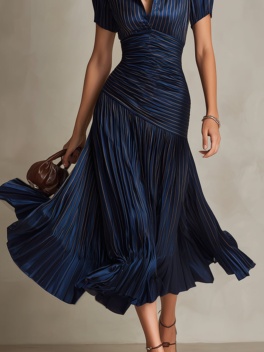 Adriana - Vestido midi satinado de rayas retro