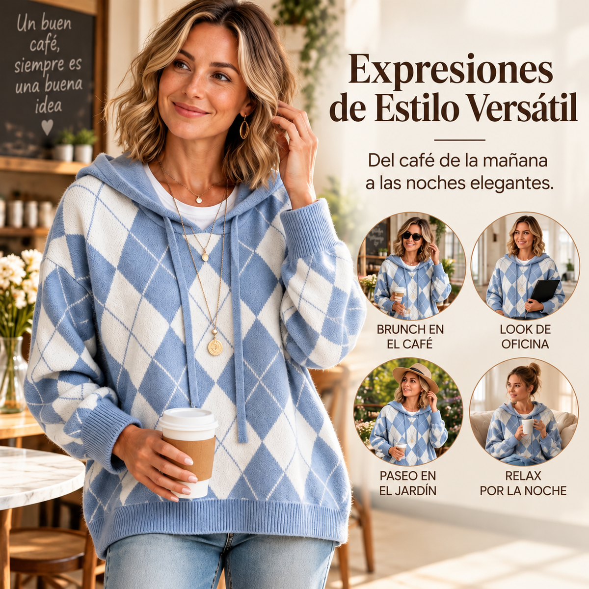 Yolanda – Jersey con capucha y estampado Argyle