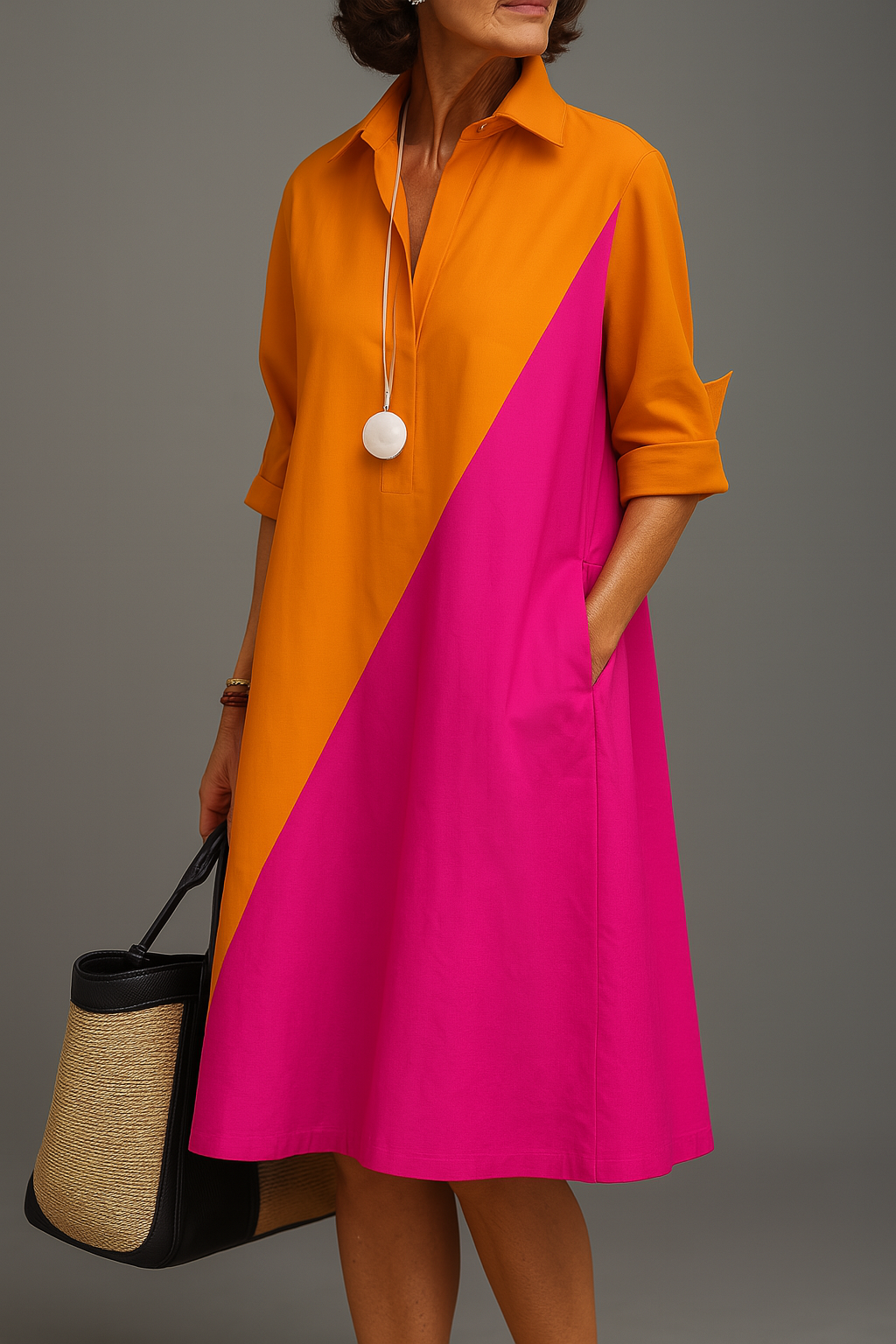 Vestido camisero midi estampado - Rosa y naranja