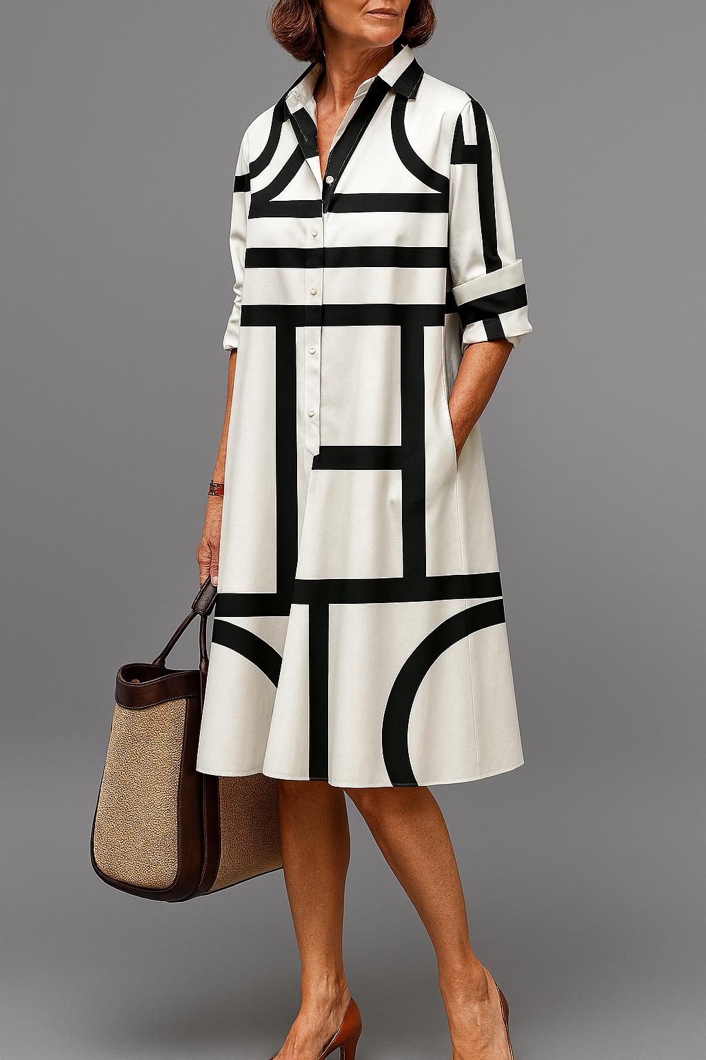 Vestido camisero midi estampado - Blanco y negro