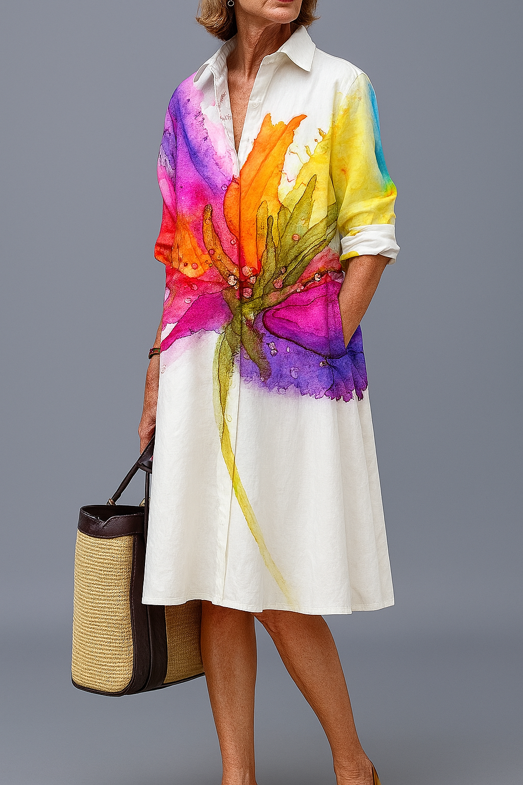 Vestido camisero midi estampado - Multicolor