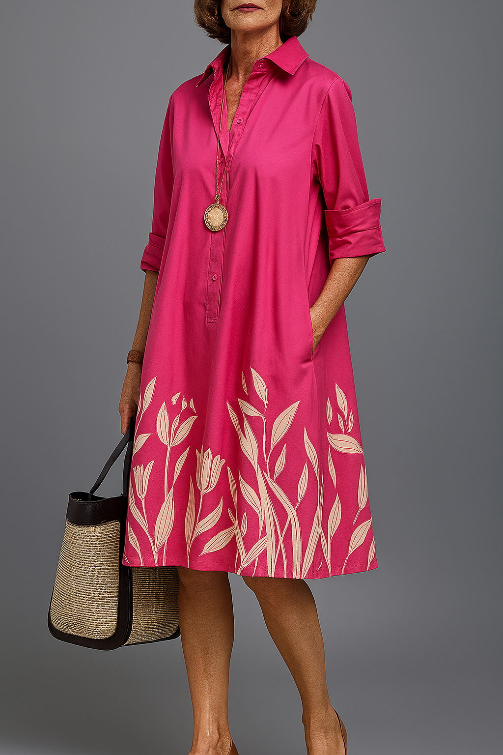 Vestido camisero midi estampado - Rosa