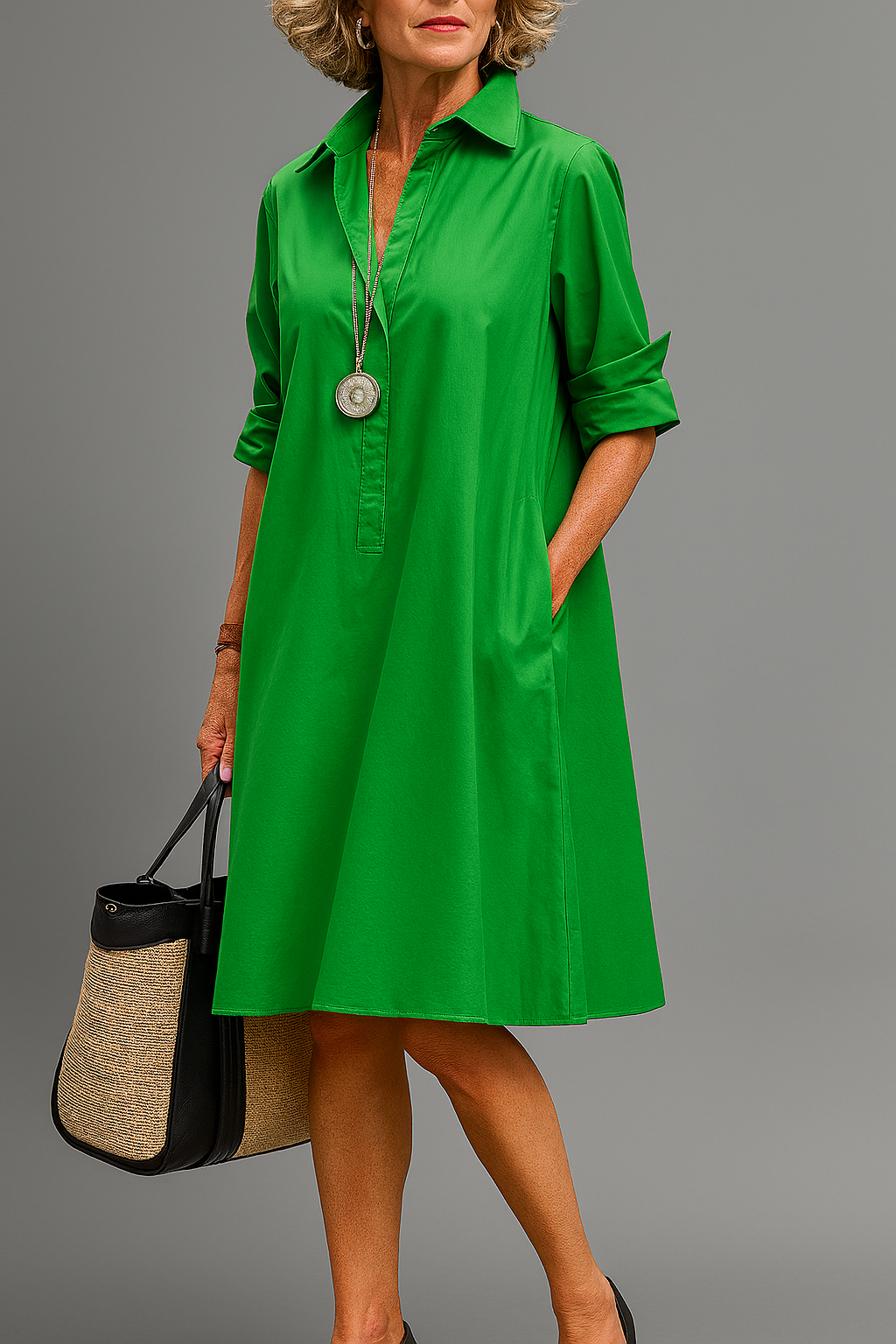Vestido camisero midi estampado - Verde
