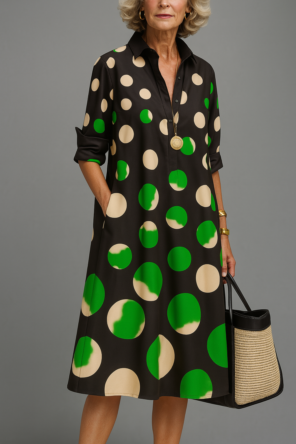 Vestido camisero midi estampado - Negro