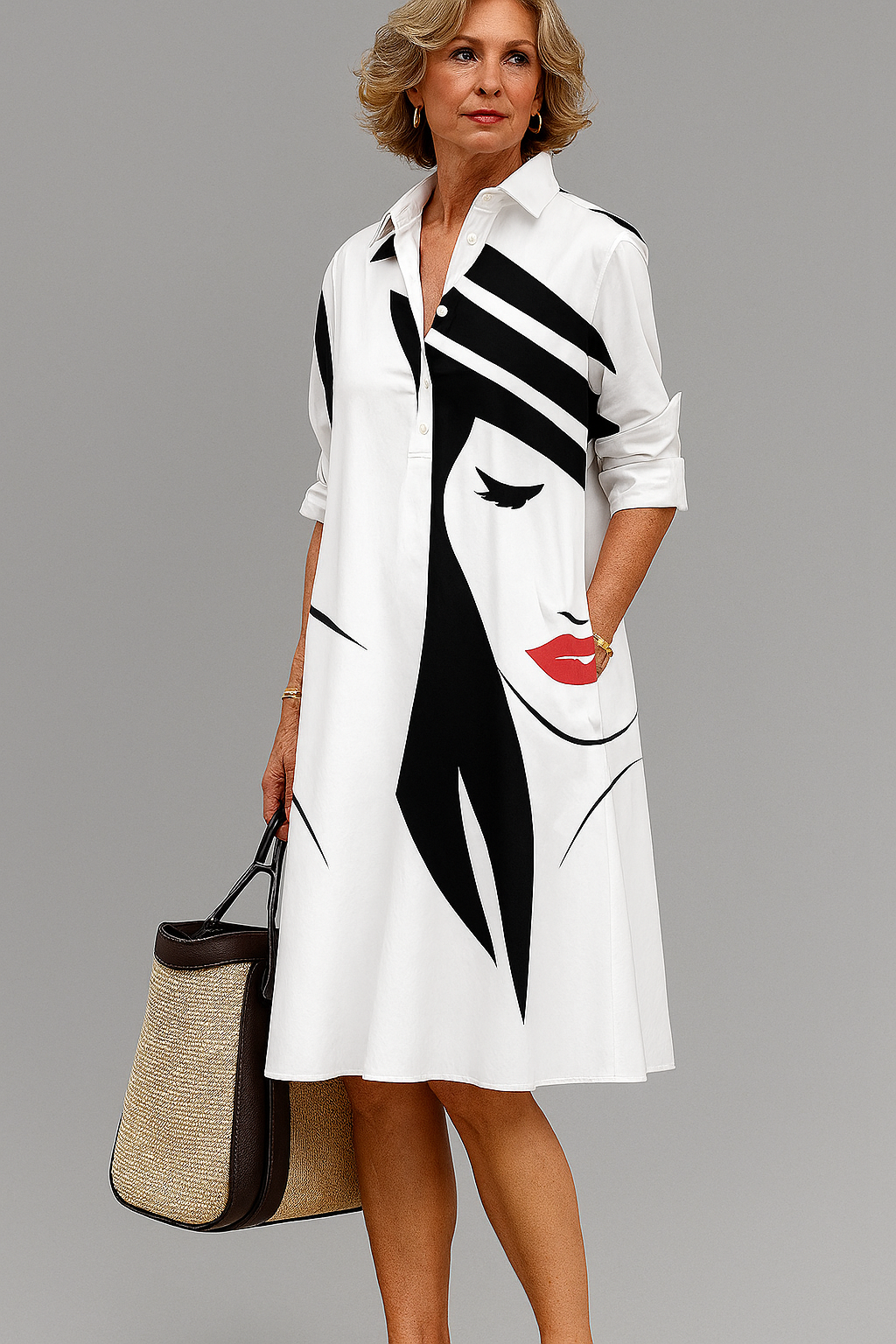 Vestido camisero midi estampado - Blanco