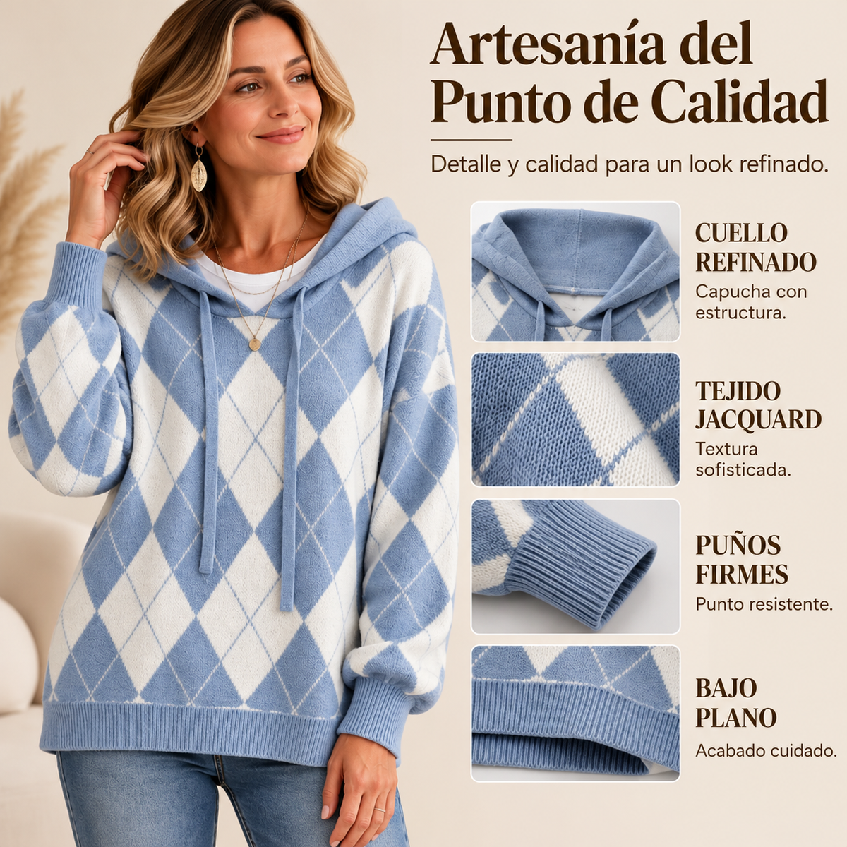 Yolanda – Jersey con capucha y estampado Argyle