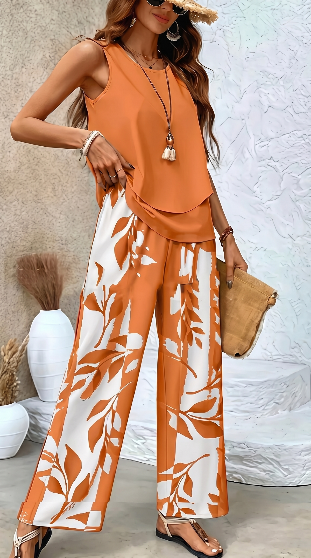 Conjunto top fluido y pantalón estampado - Naranja