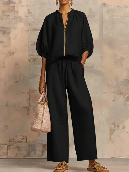 Elvira - Conjunto con blusa de cremallera y pantalón ancho