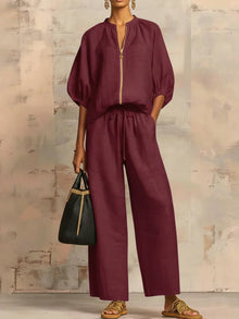 Elvira - Conjunto con blusa de cremallera y pantalón ancho